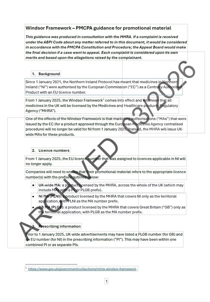 Windsor Framework – PMCPA guidance for promotional material - Archived